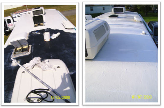 Side-by-side comparison of RV roof before coating with black worn surface and after application of RV Roof Magic white liquid rubber sealant.