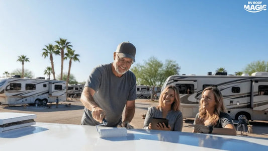Applying RV Roof Magic liquid butyl rubber coating while demonstrating RV roof repair and maintenance.
