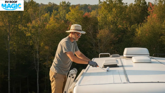 Man applying RV Roof Magic liquid rubber coating on RV roof with roller brush during end of summer.