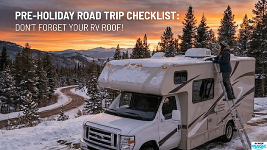 A winter RV parked in snowy mountains while a