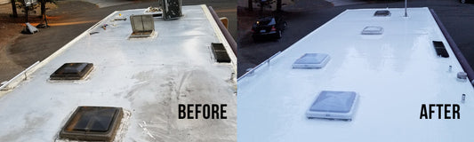 Side-by-side RV roof comparison showing worn surface before and smooth, bright finish after applying RV Roof Magic liquid rubber sealant.