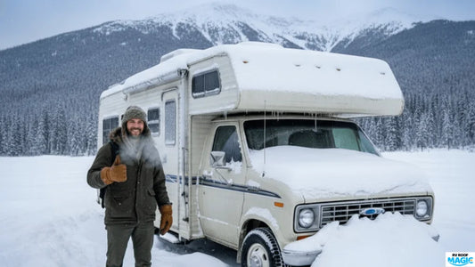 RV covered in snow with a man standing beside it in a winter landscape