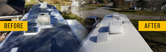 Before-and-after RV roof restoration showing a faded black roof replaced with a smooth white waterproof coating using RV Roof Magic.
