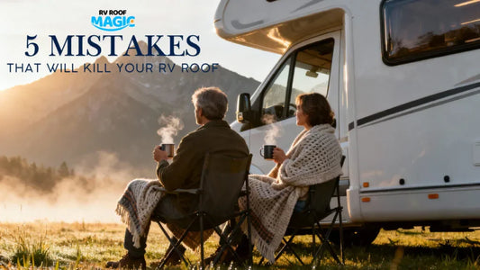 RV owners relaxing beside motorhome highlighting roof coating disasters and 5 common mistakes that can kill roof coating ROI