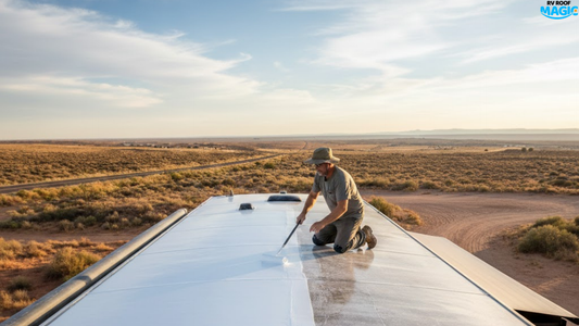 A DIYer applying a white liquid rubber coating to an RV roof, showing the transition from old surface to new sealant.