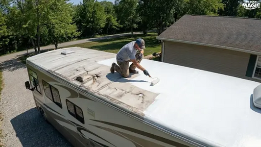 RV roof coating applied to seal seams and cracks